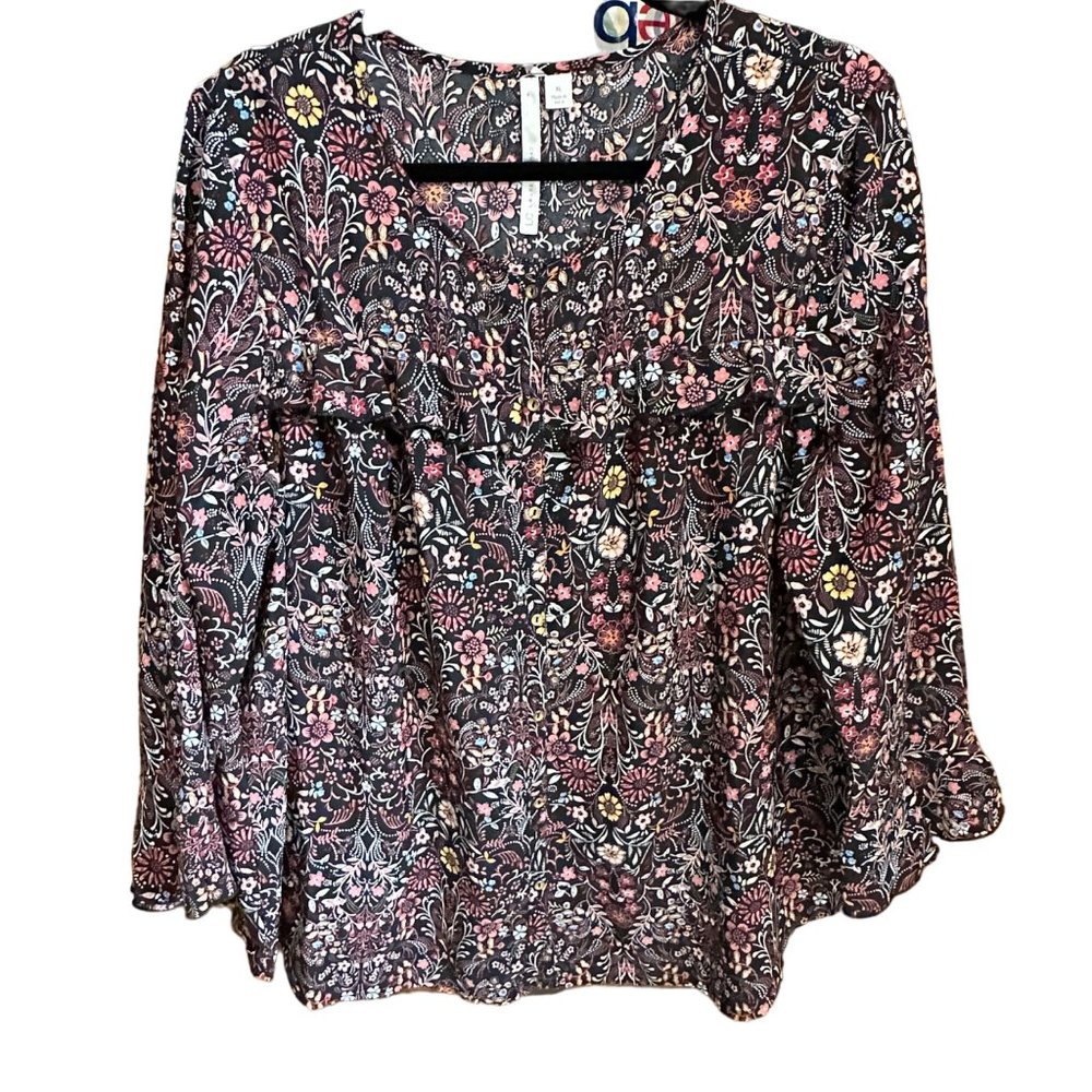 Lauren Conrad LC women’s size XL black floral button Boho ruffle bell sleeve top